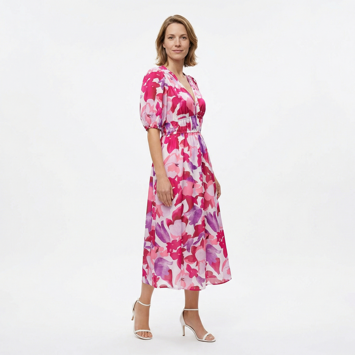 Elegante Bloemen Midi Jurk met Pofmouwen